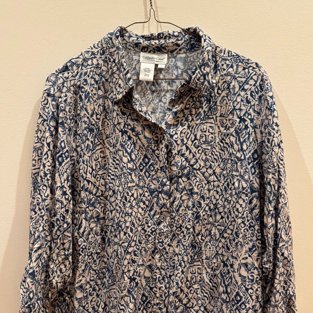 Coldwater Creek Womens Blouse Sz L Blue & White  3/4 Sleeve Rayon Snaps